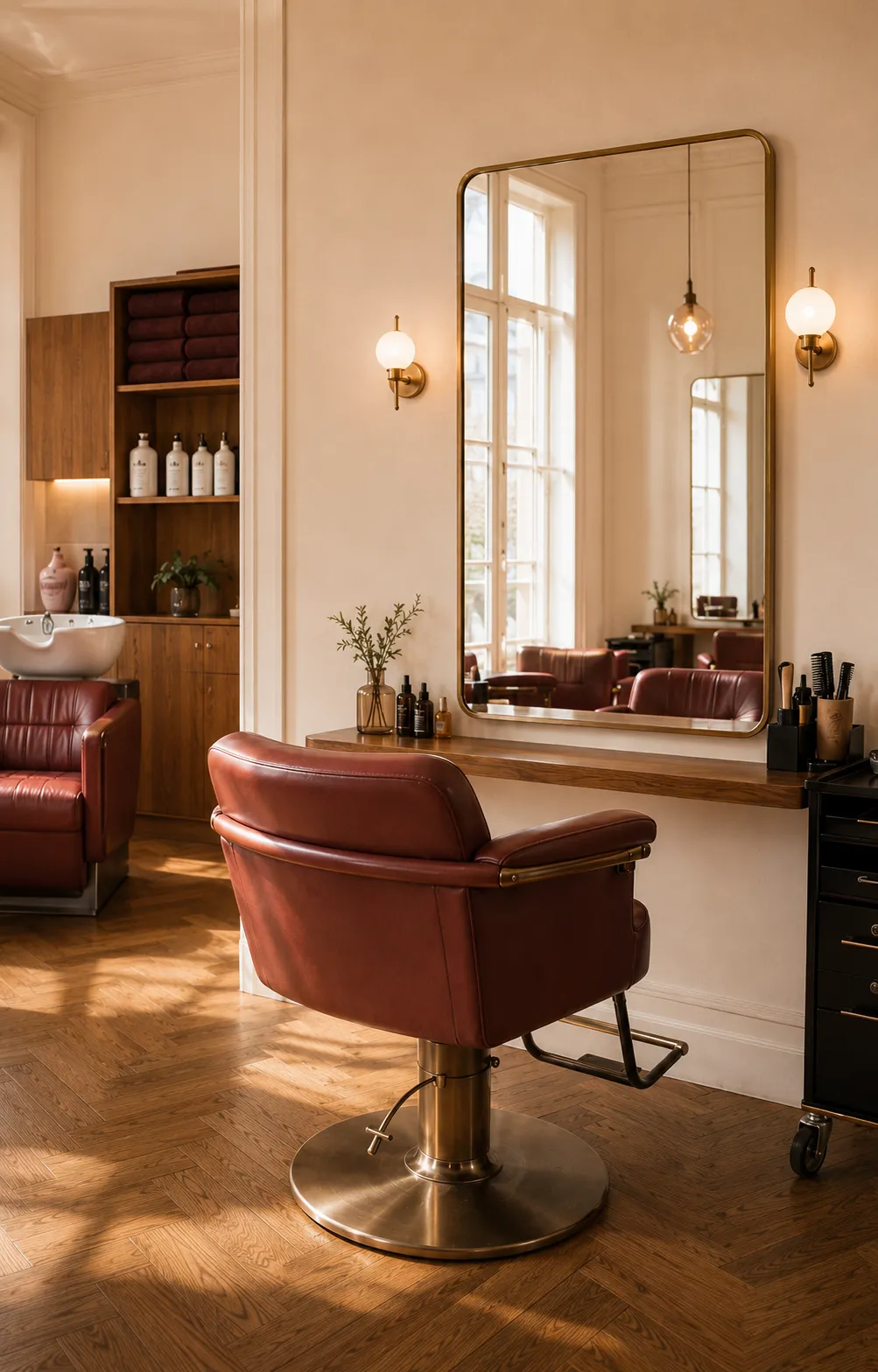 Elegancki fotel przygotowany dla klientki przed lustrem w atelier VELORA